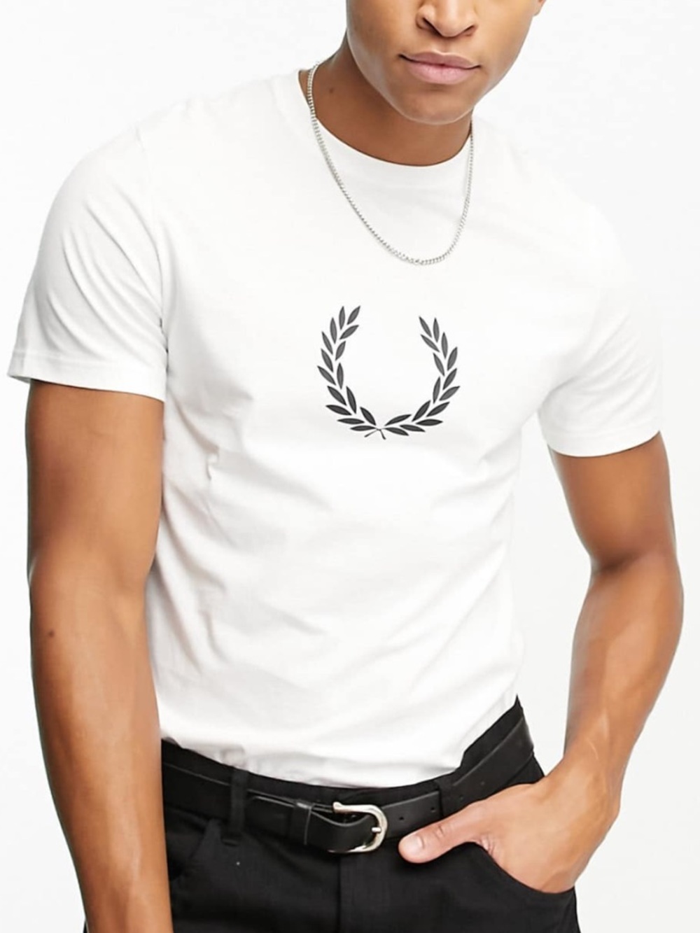 Fred Perry White Short Sleeve Tee with Black Laurel Motif